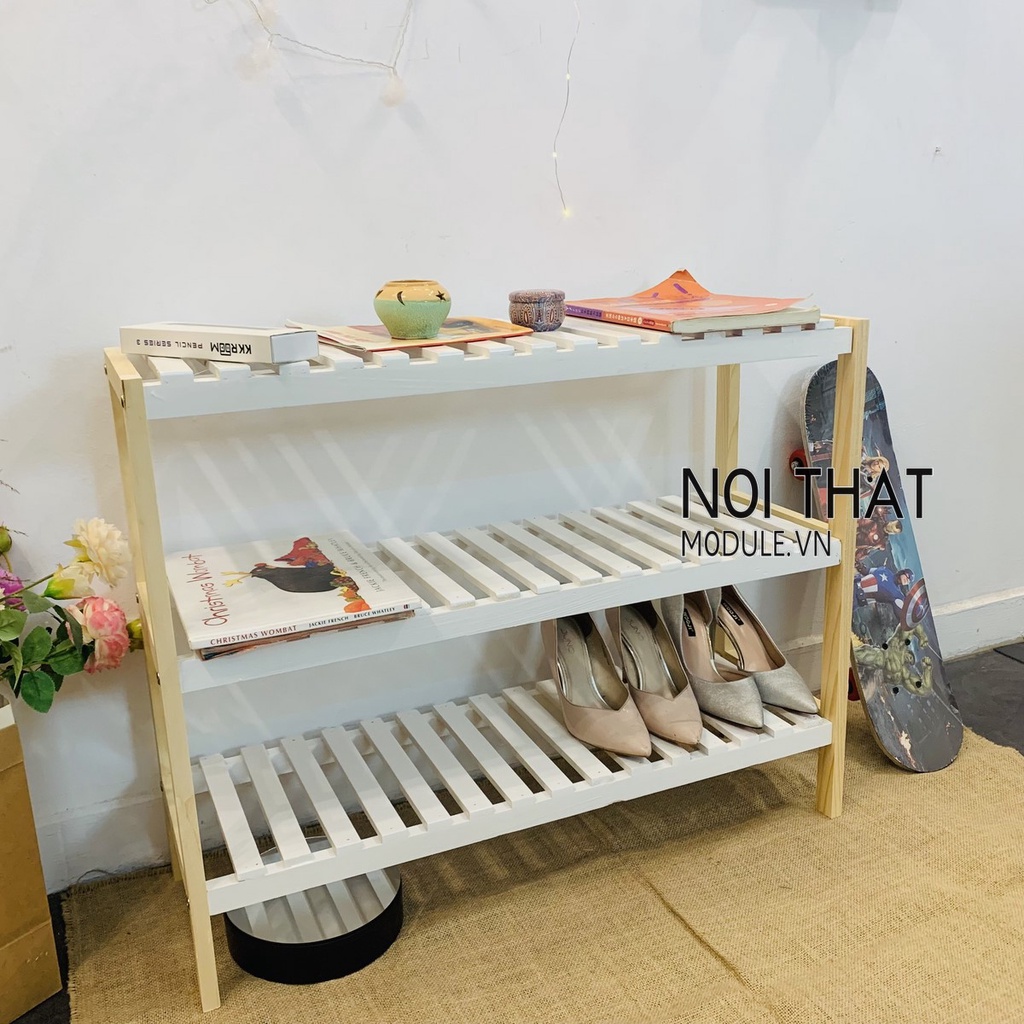 Kệ gỗ đa năng derco phòng ngủ, phòng khách 3 tầng mầu trắng kết hợp gỗ