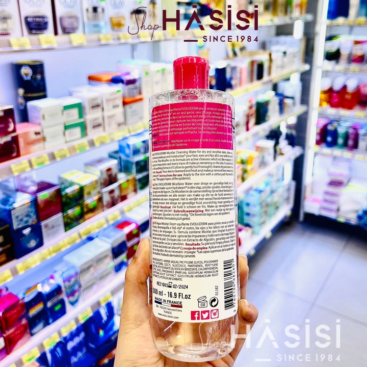 Nước Tẩy Trang EVOLUDERM - Eau Micellar Cleasing Water Dry &amp; Sensitive Skins 500ml( Hồng)