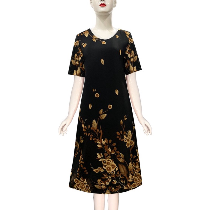 GOTI - Đầm Trung Niên Dáng Suông Giấu Bụng Cho Mẹ Kiểu Đầm Suông Lụa U50 U60 Phối Màu In Hoạ Tiết 3346 3347 3336