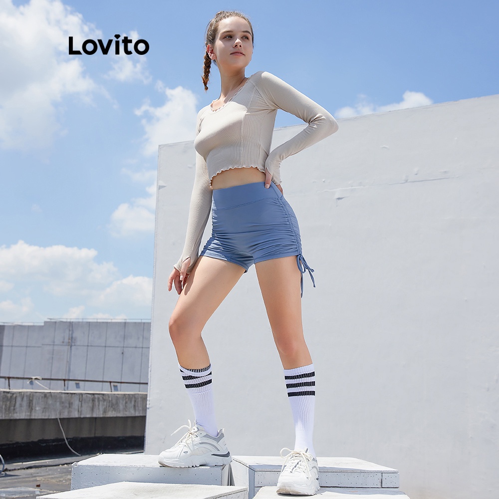 Áo thun Lovito thể thao màu trơn nhún bèo cổ tròn thoáng khí L04011 (màu nude)