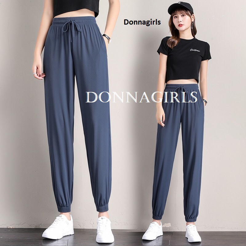 Quần jogger nữ Ulzzang lụa hàn siêu mát kiểu quần ống rộng nữ bo gấu cạp cao QO01 ...