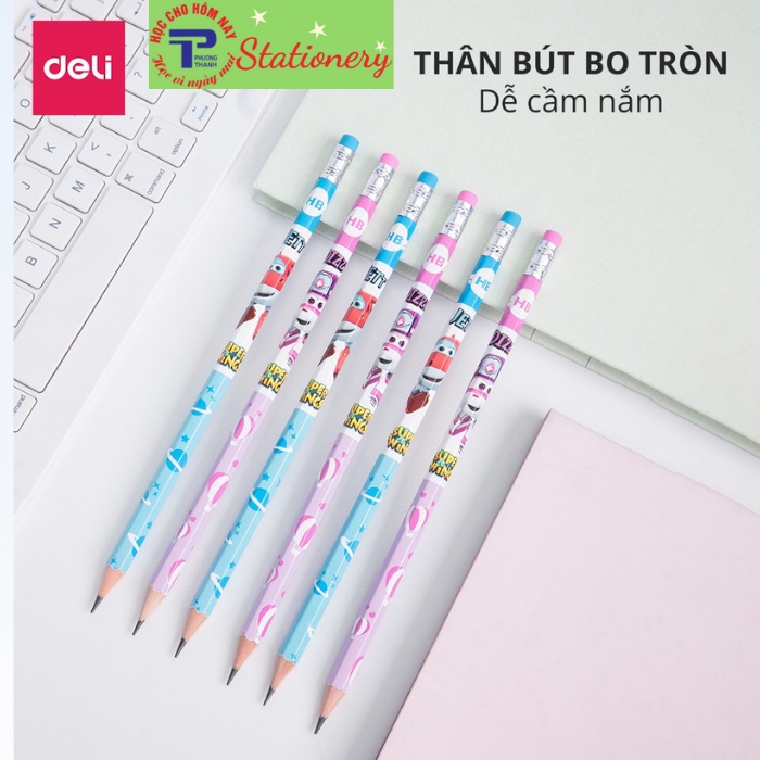 Bút chì 2B Deli- kèm đầu tẩy họa tiết hoạt hình đáng yêu, an toàn với trẻ nhỏ- U53500