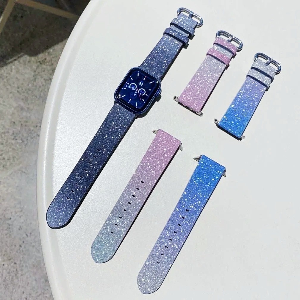 Dây đeo đồng hồ bằng da màu gradient lấp lánh thích hợp cho Apple Watch 6 Se 5 4 3 2 1 38 42 40 44mm