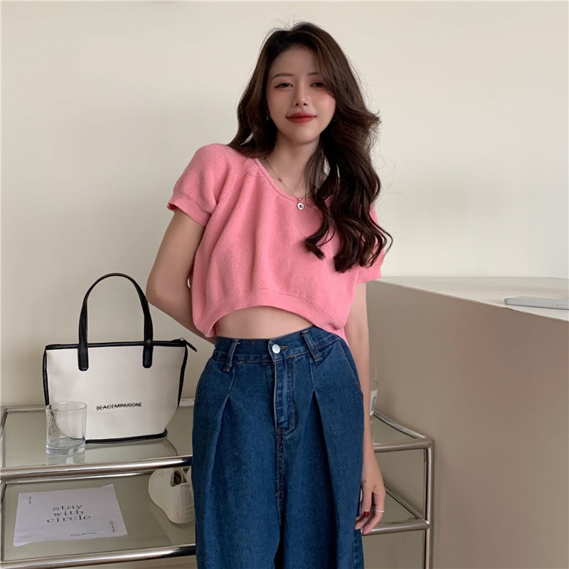 Áo thun XIAOZHAINV kiểu croptop dệt kim tay ngắn cổ tròn dáng rộng thời trang mùa hè dành cho nữ