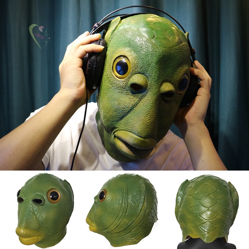 Mặt Nạ Cao Su Họa Tiết Cá Chép Xanh Lá Kinh Dị Hóa Trang Halloween