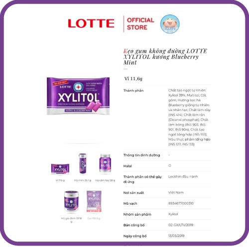 Kẹo gum không đường Lotte Xylitol vị Việt quất/Bạc hà/Dâu/ Cool cực the mát vĩ 11.6g