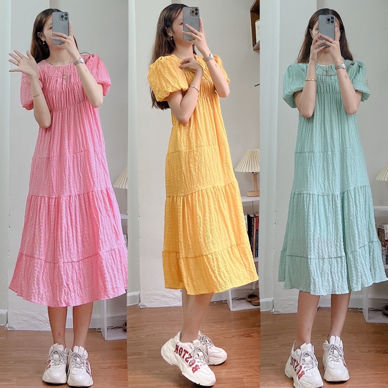 [Ảnh thật/Video]Váy babydoll Yona dáng dài tông màu nổi bắt mắt phong cách nhẹ nhàng Đầm voan tơ nhún bèo