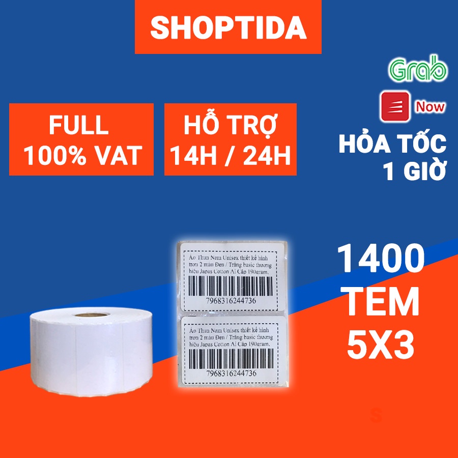 Tem in nhiệt Shoptida 50*30mm  loại 1400 tem in minicode, thông tin sản phẩm, sử dụng cho máy in nhiệt Shoptida SP46