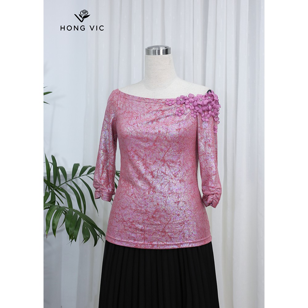 Áo kiểu nữ thiết kế Hongvic nhũ hồng lệch vai SM324