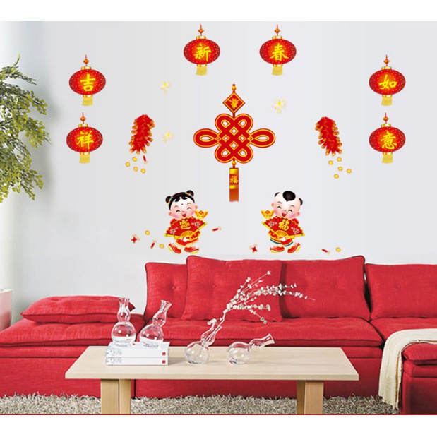 Decal trang trí Tết - Lồng đèn đỏ và tiểu đồng Tử ( KÈM VIDEO THẬT )