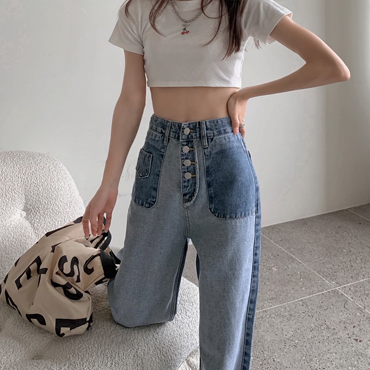 Quần Denim Ống Rộng Lưng Cao Thời Trang Mùa Hè Phong Cách Hàn Quốc Cho Nữ