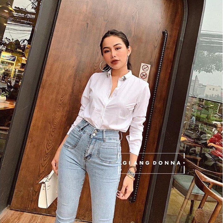 Quần Jean Nữ - Hàng VNXK, Quần Bò Chất Cotton Dáng Skinny Dài Ôm 2 Cúc, Ống Bó Cạp / Lưng Cao, 2 Màu Đen / Xanh Co Giãn