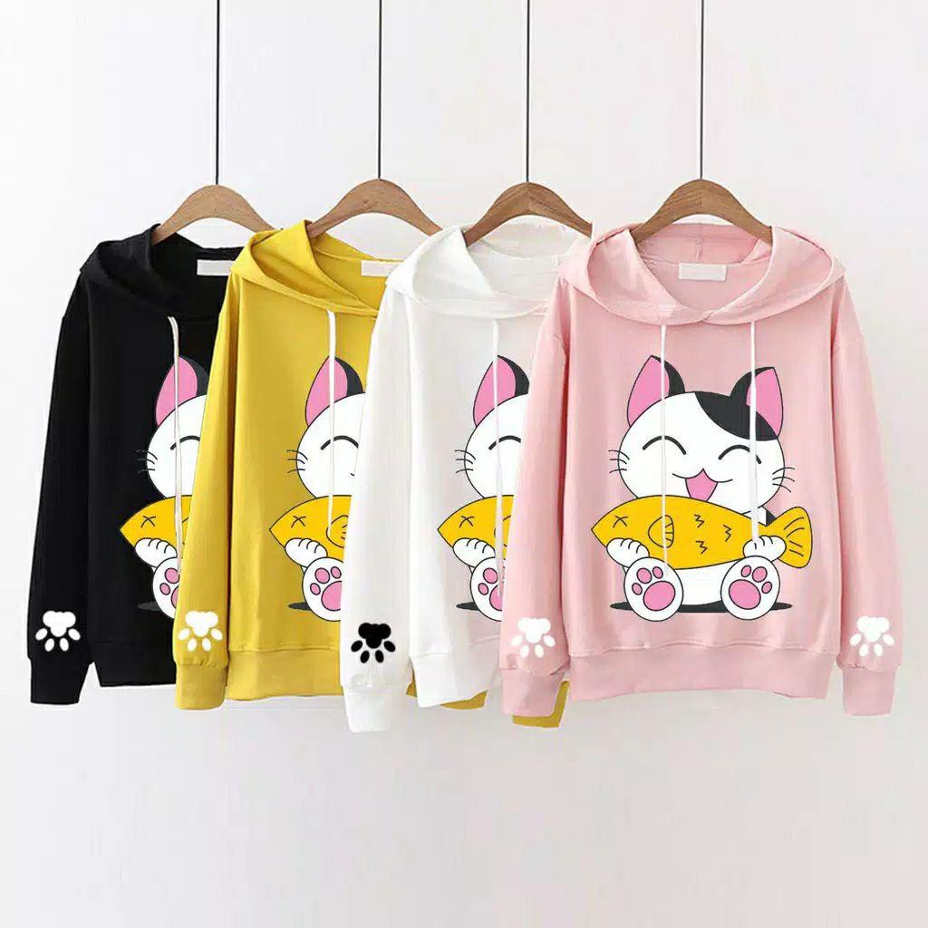 Áo Hoodie In Hình Mèo / Cá Ob18 Cho Bé Từ 10-15 Tuổi