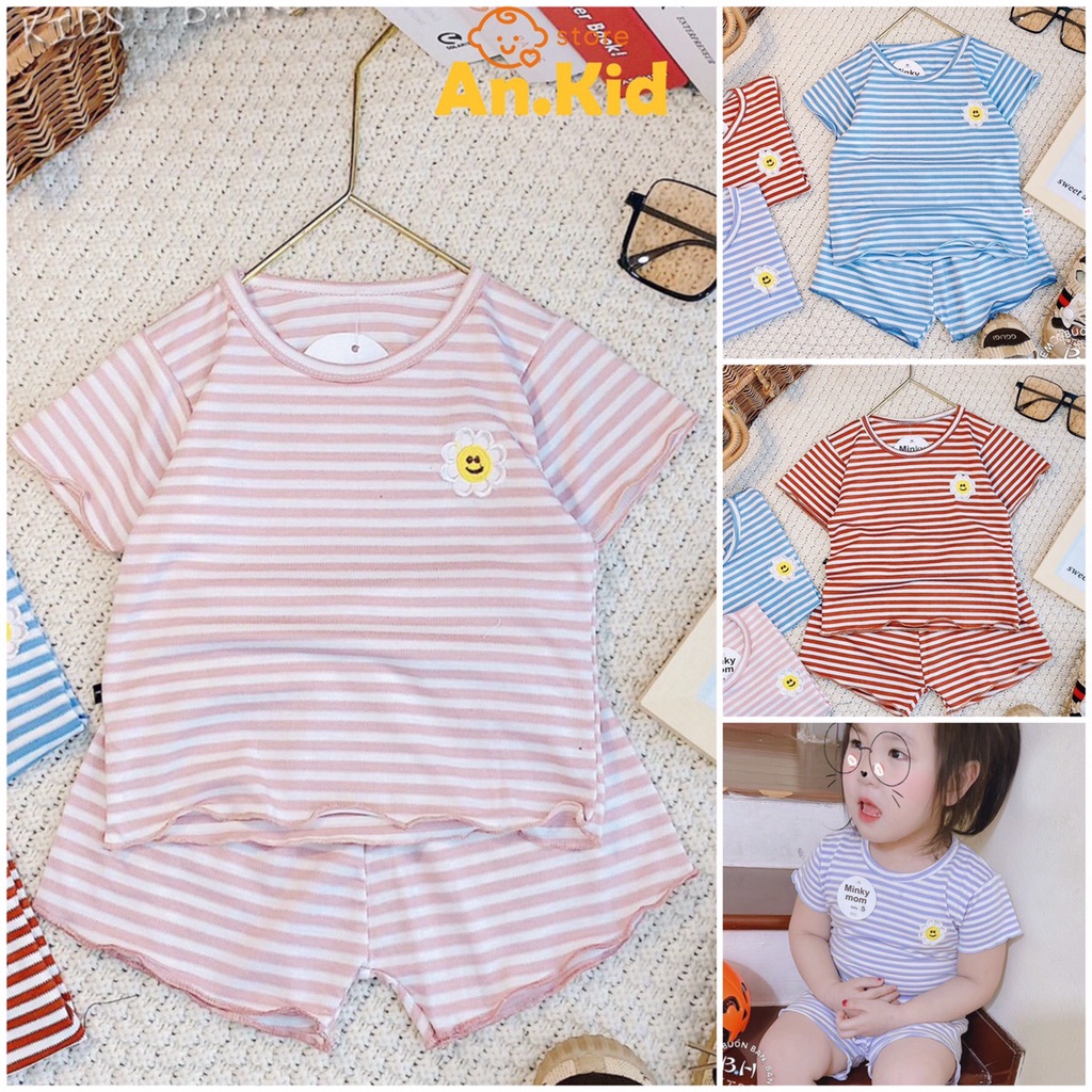 Bộ Đồ Cộc Tay Bé Gái, Bé Trai Minky Mom Chất Thun Tăm Lạnh Kẻ Ngang Thêu Hình Ngực, Set Tăm Lạnh Mặc Hè Cho Bé - AN.KID