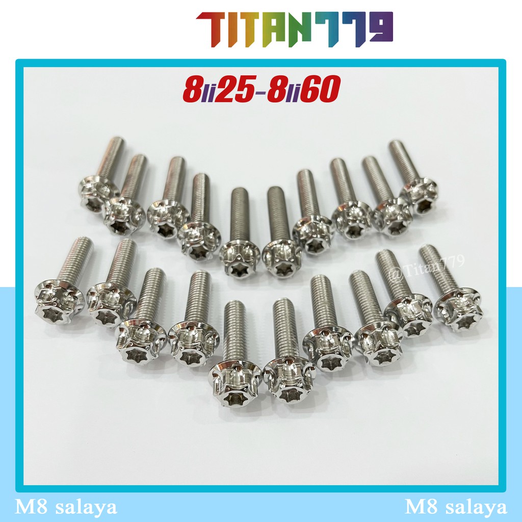 (204) Ốc 8li25 8li30 8li35 8li40 8li50 8li60 Salaya Inox 304 bắt pass heo, gác chân, ti phuộc, chảng 3, treo pô