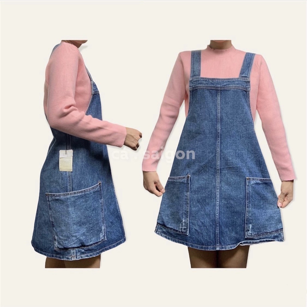 SET yếm váy trơn dáng A, áo len hồng cổ 3p 2hand