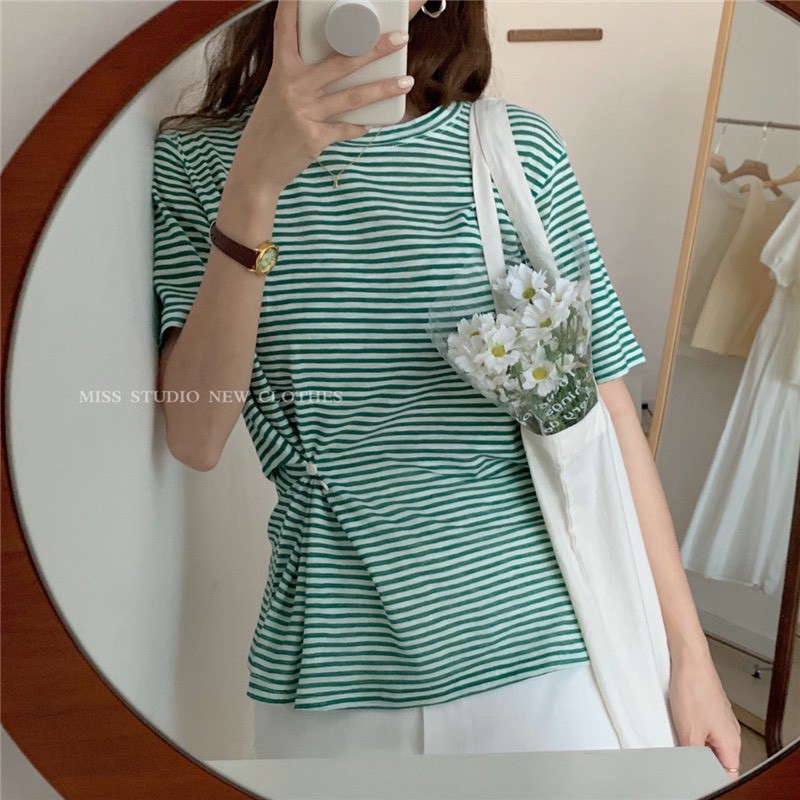 ÁO THUN NỮ áo phông sọc kẻ nút eo dễ thương  XONXEN SHOP freesize mã 8193