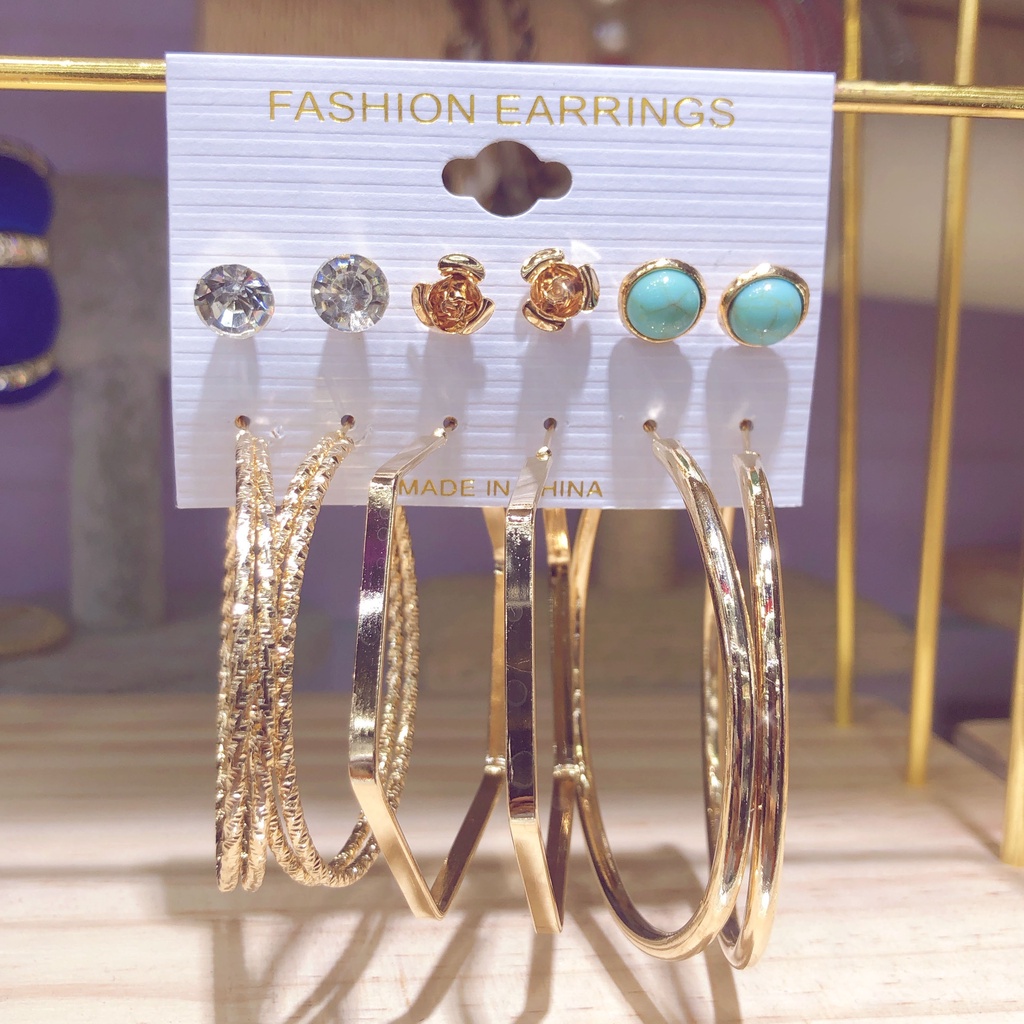 Set 6 Đôi Khuyên Tai Kim Loại Thời Trang Cho Nữ