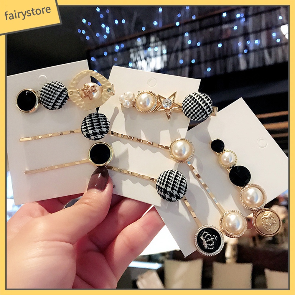 Set 3 kẹp tóc hình vương miện / ngọc trai giả thời trang