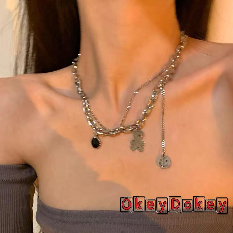 Dây chuyền dáng ngắn hai lớp mặt hình gấu hoạt hình và mặt cười phong cách đơn giản thời trang dành cho nữ