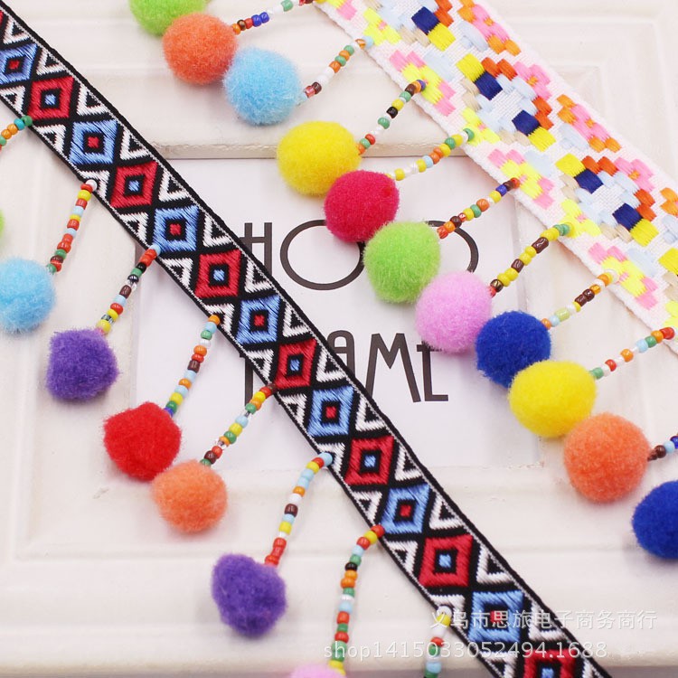 Dây viền trang trí kiểu núm tua cotton phối ren 1 yard cho đồ thủ công