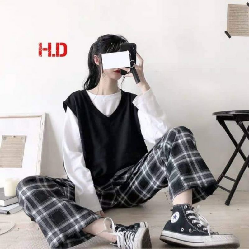 COMBOO 3 MÓN, SÉT ÁO GILE CHẤT NỈ DA CÁ, ÁO THUN TAY THỤNG, QUẦN KẺ THÔ MỀM CỰC XINH