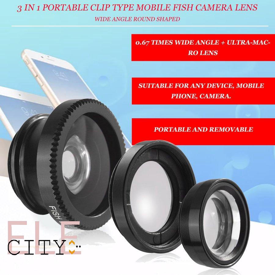 Lens mắt cá góc rộng hình tròn dạng kẹp 3 trong 1 cho camera di động