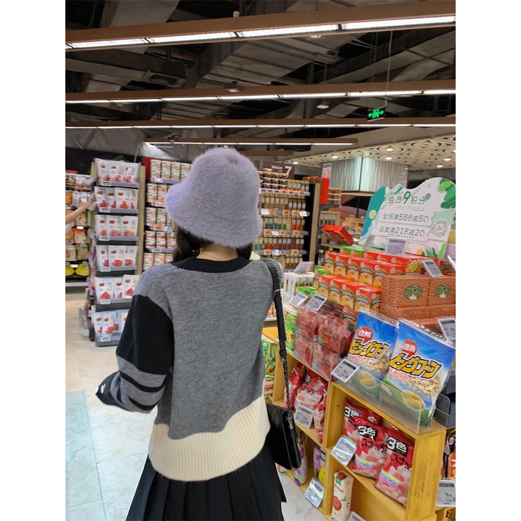 Áo Khoác Cardigan Cổ Chữ V Họa Tiết Kẻ Sọc Màu Sắc Tương Phản Thời Trang Thu Đông Cho Nữ