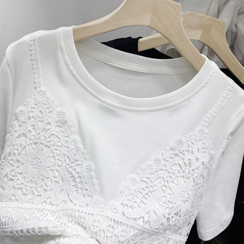 Áo thun tay ngắn cổ tròn thêu ren bằng cotton kiểu mùa hè 2022 thanh lịch cho nữ