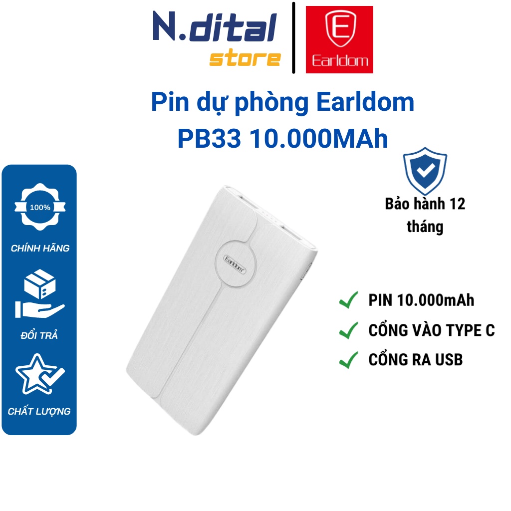 Sạc dự phòng 10000 mAh Earldom PB33 - BH 12 tháng - Hàng chính hãng