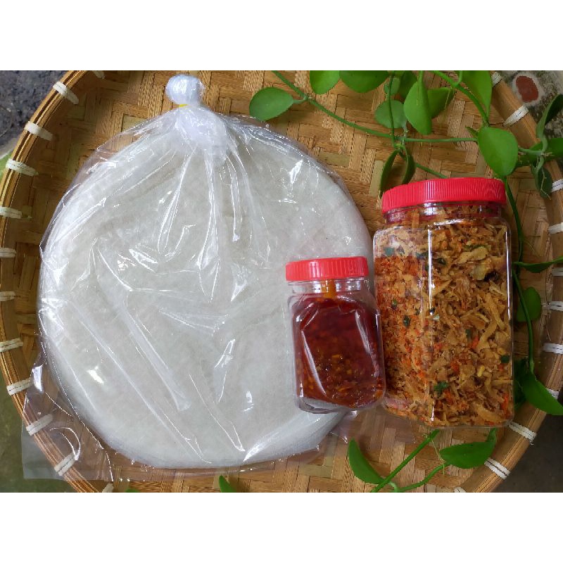 Combo 500g bánh tráng phơi sương kèm hủ muối tép hành + hủ sate ớt cay
