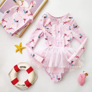 Đồ bơi bé gái tay dài, áo bơi bé gái màu hồng chống nắng, hoạ tiết unicorn