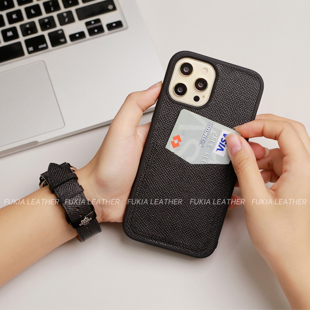 Ốp da thủ công Epsom khe thẻ viền đen màu 1-6 cho IPhone 14/14Pro/14Promax/13/13Pro/13Promax/12promax ODTC110