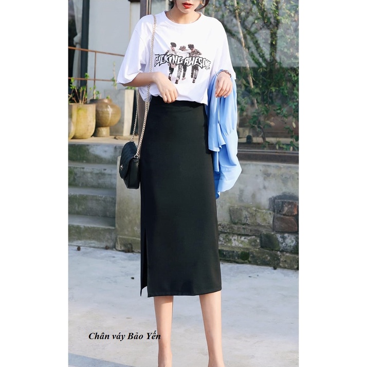 Chân váy dài xẻ tà cạnh sườn màu đen ( sẵn size) - M82