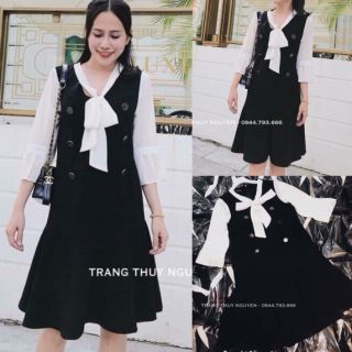 Đầm suông kết nút phối tay lỡ trắng cổ cột nơ Cao Cấp