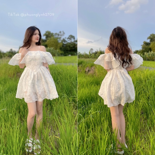 Váy trễ vai , đầm trễ vai tiểu thư , váy trễ vai cột dây cổ hoa dập nổi chuẩn form PLĐ14