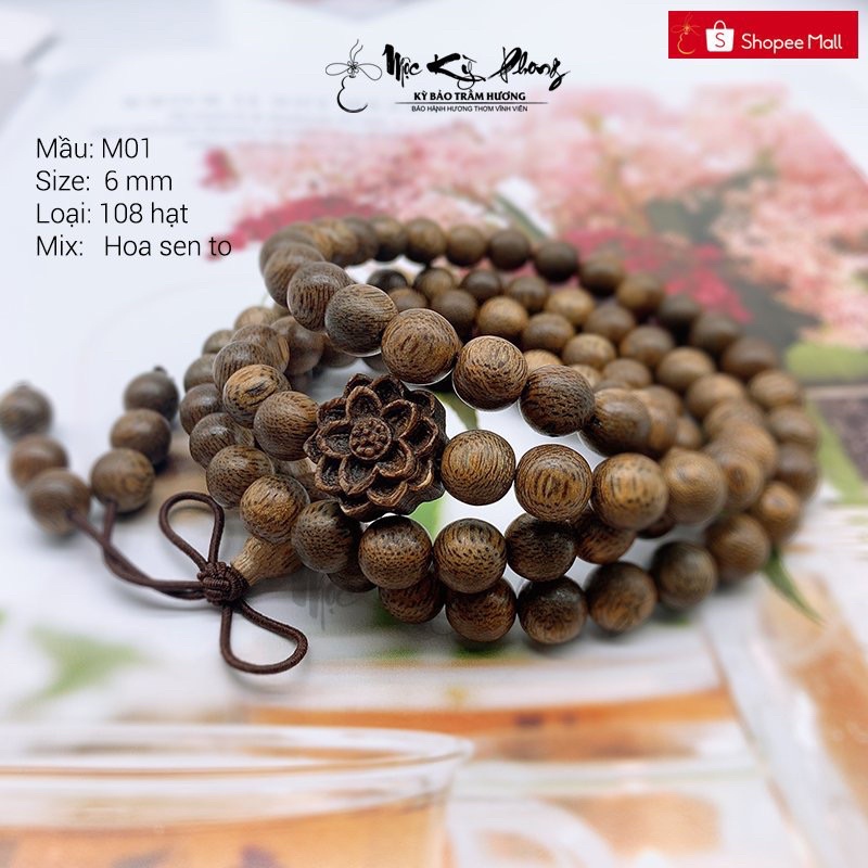 Vòng Trầm Hương Mix Charm Hoa Sen 🪵FREESHIP🪵 Vòng Tay 108 Hạt, 216 Hạt Đủ Size Nam Nữ, Vòng Trầm 4li, 6li, 8li, 10li