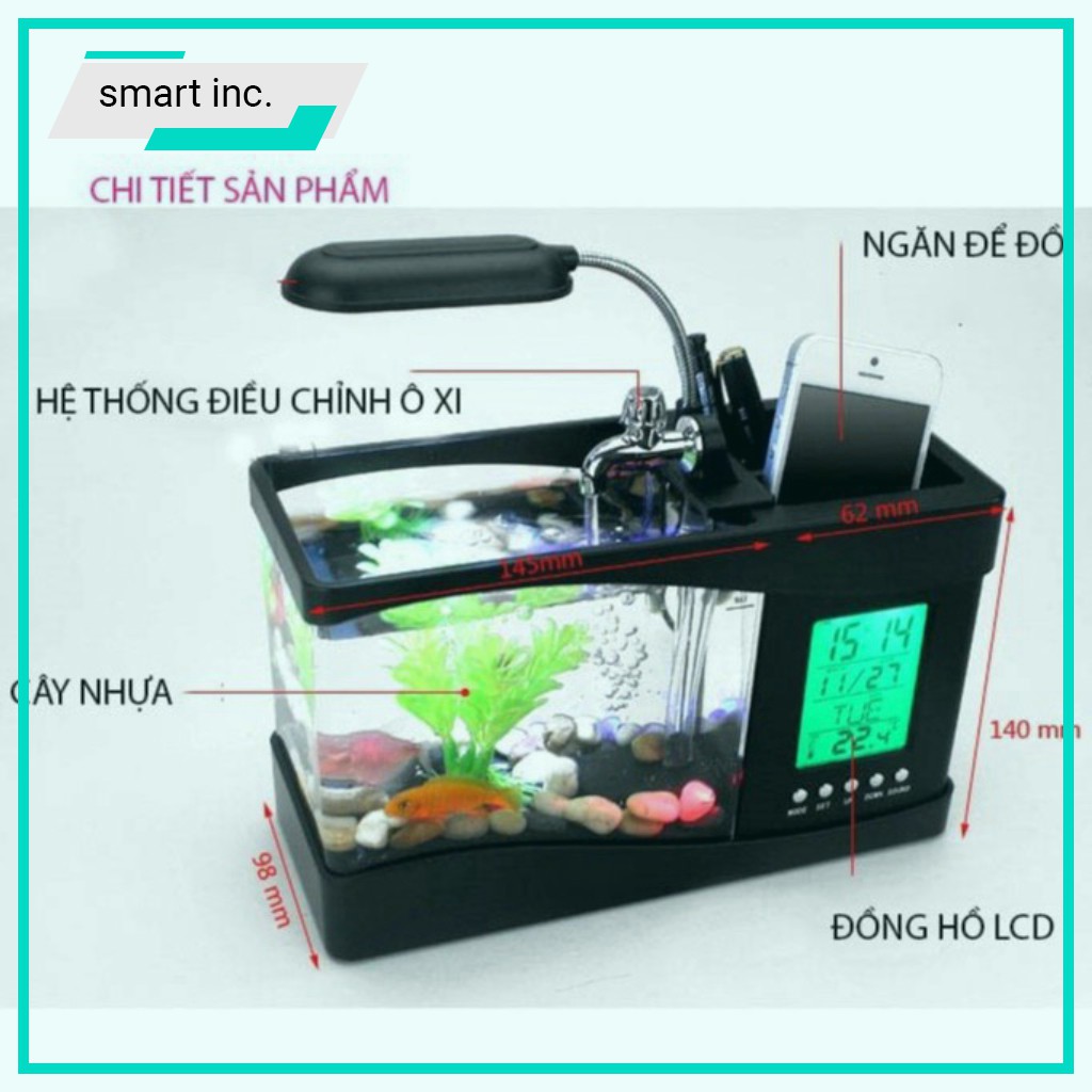 Hồ Cá Cảnh Thủy Sinh Để Bàn Trong Nhà Bể Nuôi Đựng Tôm Tép Cá Hòn Non Bộ Mini Trang Trí Đẹp Acrylic Có Đồng Hồ Đèn Led