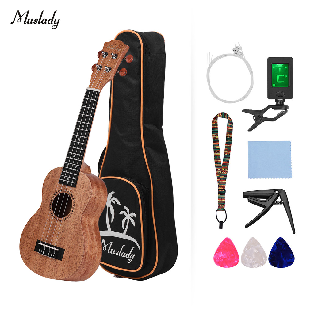 Muslady 26 Inch Tenor Ukulele Ukelele Mahogany Plywood with Carry Bag Uke Strap Strings Clip-on Tuner Cleaning Cloth Capo 3pcs Celluloid Picks