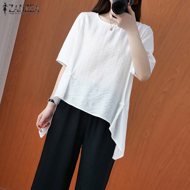 Zanzea Áo Thun Tay Ngắn Cổ Tròn Vạt Lệch Cá Tính Cho Nữ