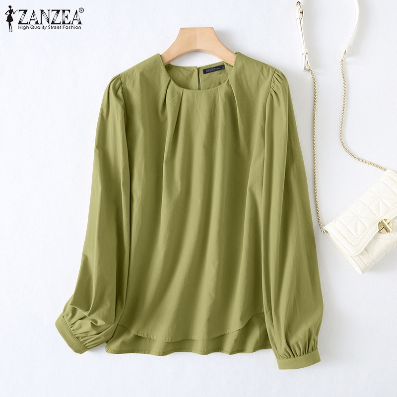 Zanzea Áo Kiểu Tay Phồng Dài Cổ Tròn Xếp Ly Cài Nút Sau Lưng Màu Trơn Thời Trang Cho Nữ