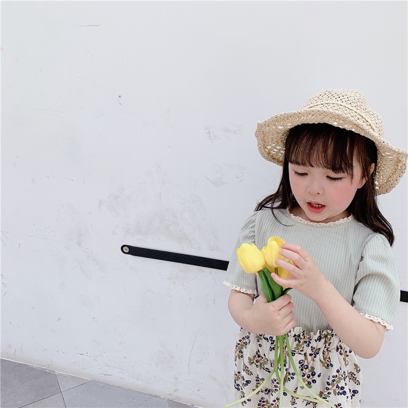 Áo thun tăm viền ren trẻ em bé gái cotton kiểu Hàn dễ thương 10-30kg ko