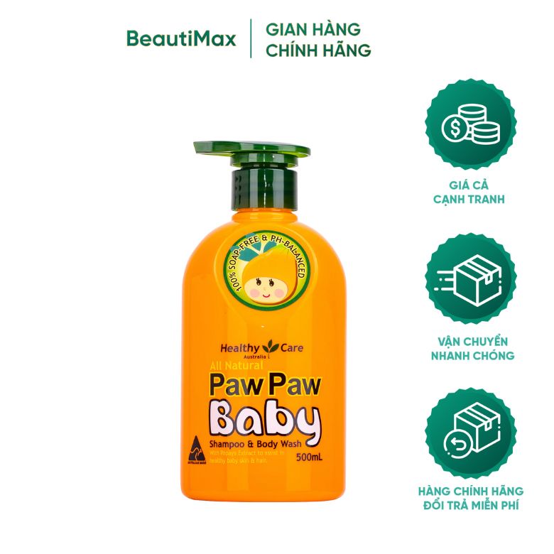 Sữa tắm gội 2 trong 1 Healthy Care Paw Paw Baby từ đu đủ an toàn cho bé 500ml BeautiMax