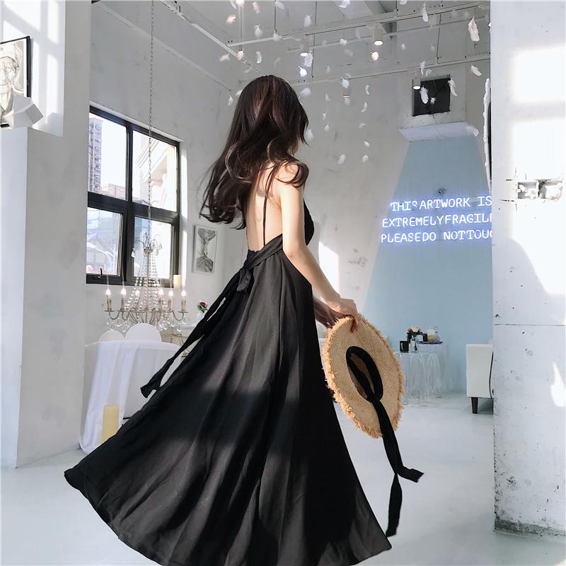 Dây Đeo Vai Mỏng Một Mảnh Đầm Bé Gái Over-the-Knee Dài Đầm Đen Rò Rỉ Dây Đeo Vai Màu Trơn Gợi Cảm Retro Thời Trang Dây Lưng Đầm Buộc Dây
