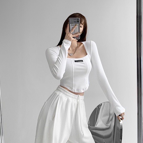 Áo croptop nữ cổ vuông dài tay thêu đắp Shynstores form ôm vải co giãn freeship