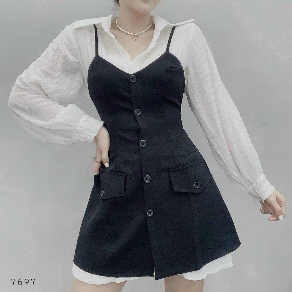 [Mã FAMARAL2 giảm 10K đơn 50K] Set yếm đen 2s + đầm sơmi tay dài (có bigsize)