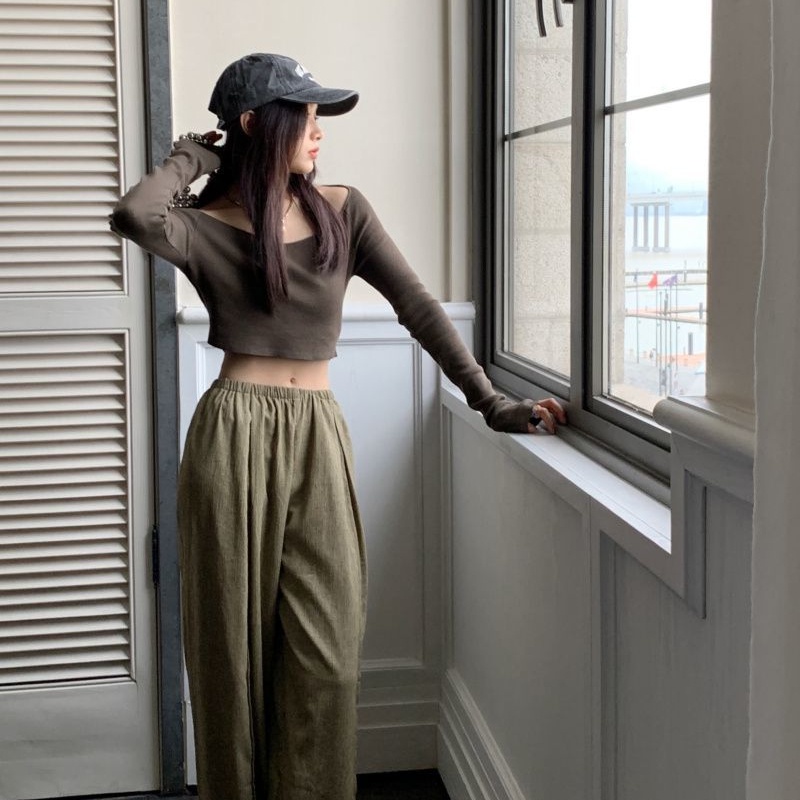 Áo thun COZOKC tay dài trễ vai dáng ngắn thời trang trẻ trung