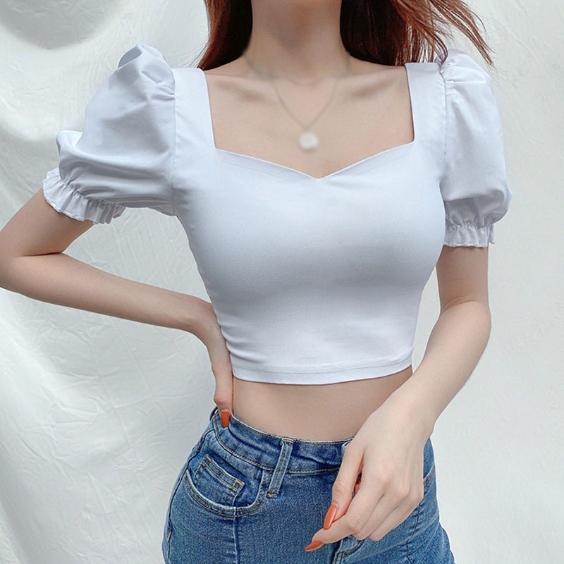 Áo Crop Top Tay Phồng Cổ Vuông Màu Trơn Dễ Thương Dành Cho Phụ Nữ