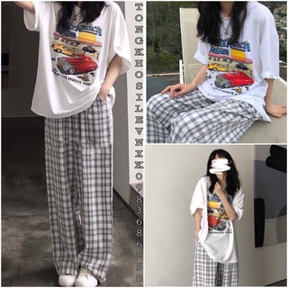 Set bộ áo thun ô tô mix quần kẻ ống suông xám trắng - Set bộ thun dạo phố unisex phom rộng dáng suông chất thun giá rẻ