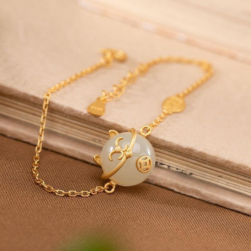 Vòng Tay Mạ Bạc 925 Đính Đá Ngọc Bích Hình Mèo Dễ Thương Độc Đáo